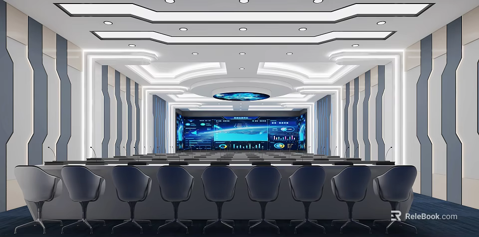 Modern Control Room With Large Monitoring Screens Control Console And Comfortable Chairs 3d model 