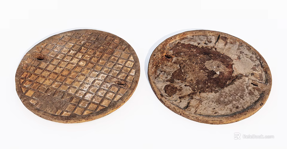 Road Infrastructure Circular Manhole Covers With Grid Pattern And Worn Stained Surface 3d model