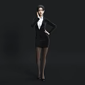 Business Woman in Black Blazer Skirt White Shirt with Stockings High Heels on Black Background