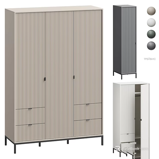 Modern Wardrobe With Vertical Stripe Design Multiple Colors Drawers And Storage Doors 3d model 