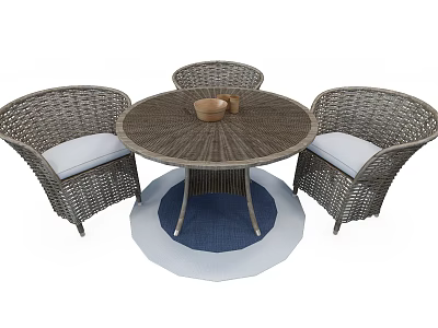 Round Wicker Table and Chair Set with Three Chairs White Cushions and Blue White Rug 3d model