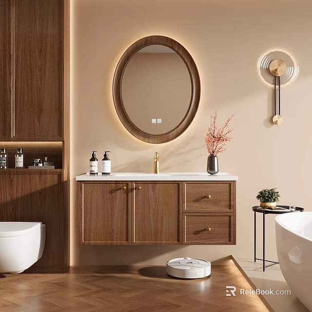Modern Elegant Bathroom Vanity Cabinet With Wooden Design Round Mirror And Basin 3d model 