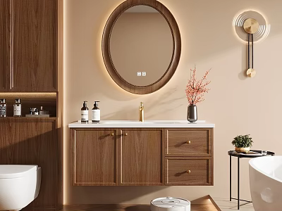 Modern Elegant Bathroom Vanity Cabinet With Wooden Design Round Mirror And Basin 3d model