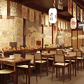 Traditional Japanese Restaurant Interior With Wooden Tables Chairs Lanterns And Totoro Decorations