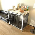 Sturdy Metal Pet Cage on Wooden Floor with Decor Items and Corgi in Living Room