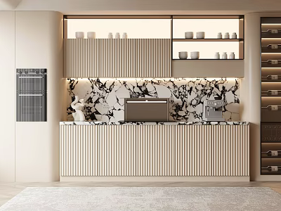 Modern Elegant Sideboard With Marble Backsplash LED Lighting And Storage Shelves 3d model