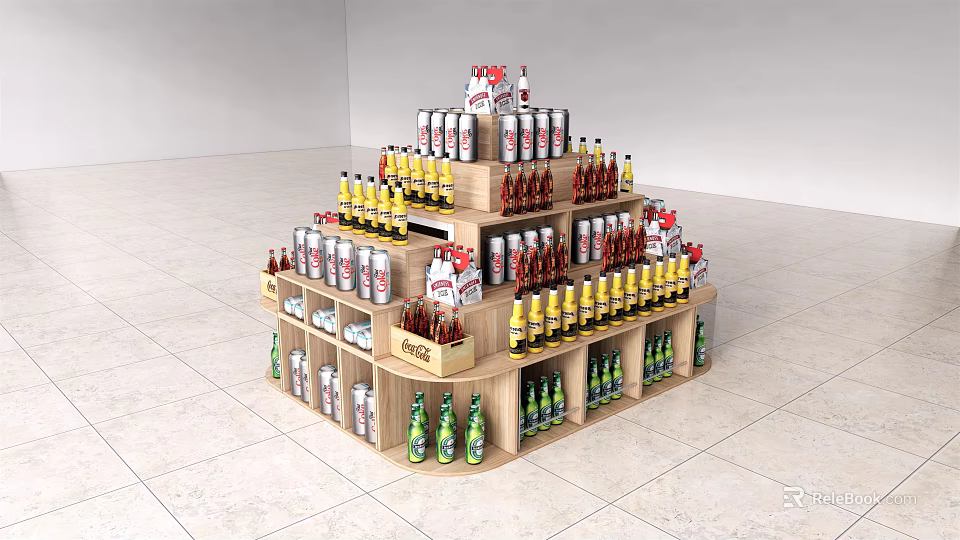 Wooden Multi tiered Retail Display Shelves Stocked With Assorted Bottled Drinks 3d model
