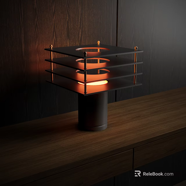 Modern Table Lamp With Layered Metal Structure Warm Light On Wooden Surface 3d model 