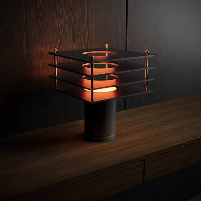 Modern Table Lamp With Layered Metal Structure Warm Light On Wooden Surface 3d model