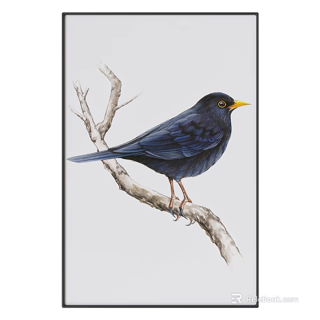 Animal Painting Featuring Detailed Blackbird With Yellow Beak Perched On Tree Branch 3d model 