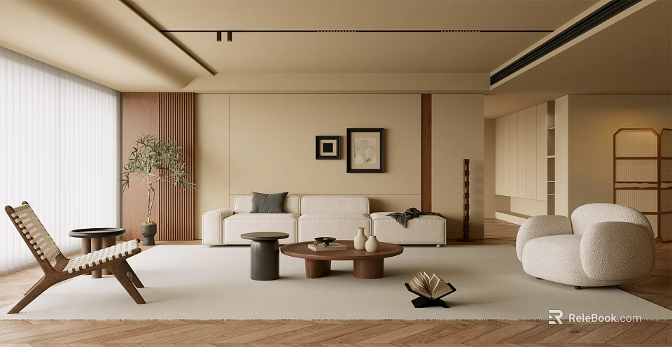 Modern Living Room Interior With White Sofa Gray Cushions And Wooden Elements 3d model 
