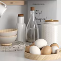 Stylish Kitchenware Shelf Display with Wooden Cutting Boards Ceramic Bowls Glass Jars Honey Dipper and Egg Container