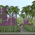 Scenic Park Landscape With Purple Flowers Palm Trees Green Shrubs Stone Pathway And Blue Sky
