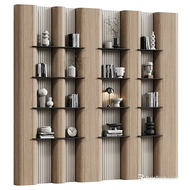 Modern Bookshelf with Black Shelves Books Decorative Vases Clock Against Wooden Vertically Striped Wall 3d model 