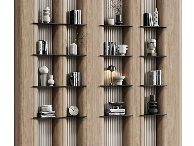 Modern Bookshelf with Black Shelves Books Decorative Vases Clock Against Wooden Vertically Striped Wall 3d model