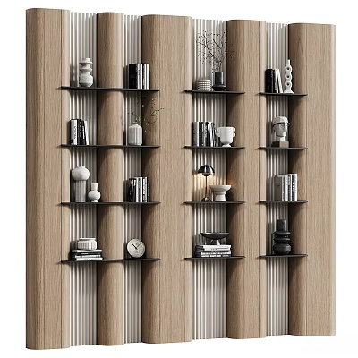 Modern Bookshelf with Black Shelves Books Decorative Vases Clock Against Wooden Vertically Striped Wall 3d model
