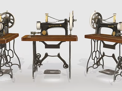 Three Vintage Sewing Machines With Retro Design On Wooden Stands 3d model
