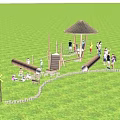 Outdoor Children's Play Park With Wooden Pavilion Slide Tunnels Green Trees And Kids Playing