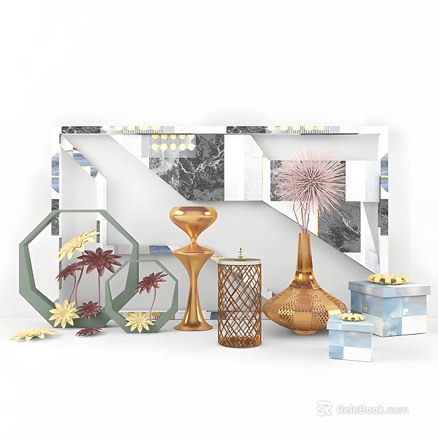 Modern Decorative Ornament Set With Gold Vase Candle Holder And Geometric Boxes For Home Decor 3d model 
