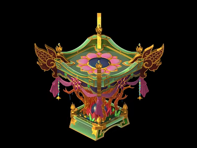 Cartoon Fantasy Decorative Pavilion With Green Golden Lotus And Wing Shaped Tassels 3d model