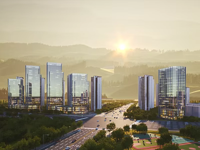 Aerial Urban Planning View With Modern Skyscrapers Roads Greenery And Mountain Sunset 3d model