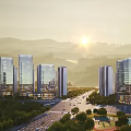 Aerial Urban Planning View With Modern Skyscrapers Roads Greenery And Mountain Sunset