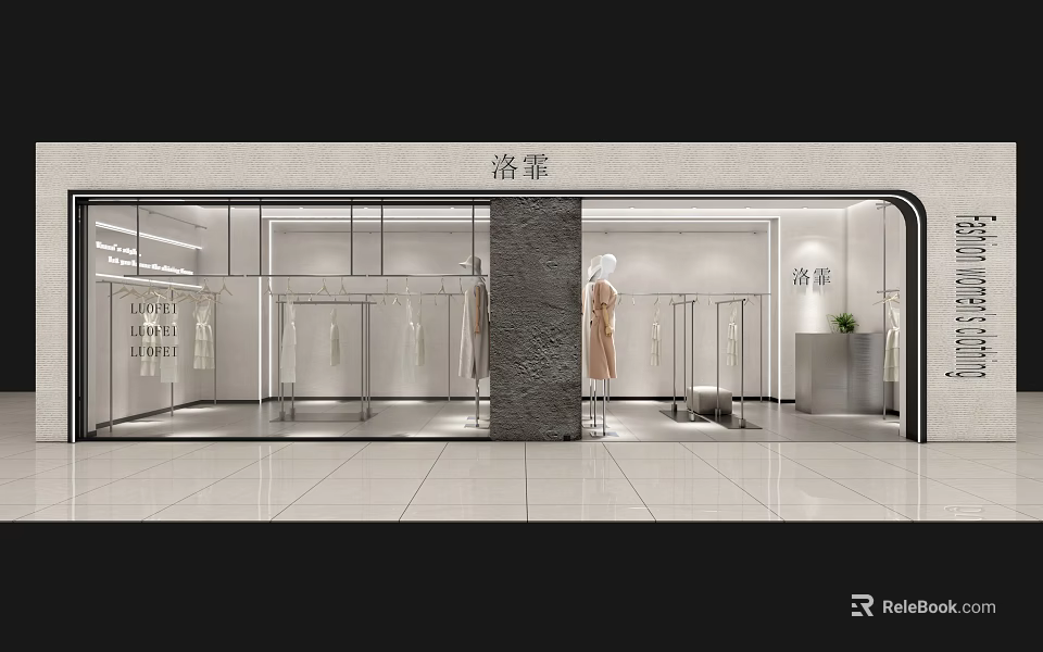 Luofei Clothing Store Modern Glass Facade Mannequin In Fashion Attire Clothing Racks And Display Areas 3d model 
