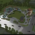 Urban Park Landscape With Green Lawn Colorful Playground Trees And Water Features