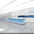 Modern Exhibition Hall Space With Blue Lit Counter Glass Railing Stairs And White Walls