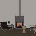 Modern Black Fireplace With Flames Burning Leather Chair Armchair And Plant On Wooden Floor