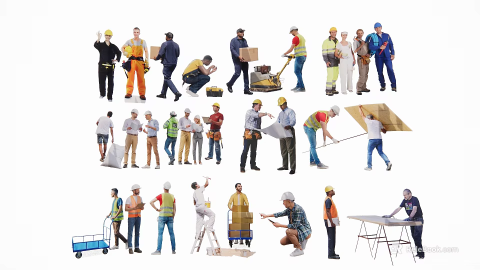 Group of Construction Workers Performing Various Tasks With Different Roles And Tools 3d model 