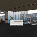 Modern Office Interior With Reception Desk Large Windows City View Glass Partitions And Plant