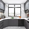 Modern Kitchen Interior With Gray Cabinets White Countertops Window And Appliances 3d model