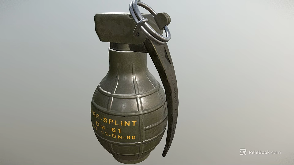 Military Green Grenade Featuring FRAG SPLINT Marking 07 81 90 And Metal Pull Ring 3d model 