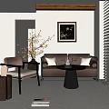 Cozy Brown Sofa And Coffee Table Set With Pillows Wall Art And Branch Decoration