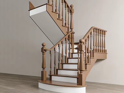 Elegant Wooden Staircase With Brown Handrails And White Steps In Modern Home Interior 3d model