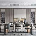 Modern Dining Table Set With Six Chairs Wooden Cabinets And Geometric Pattern Decor