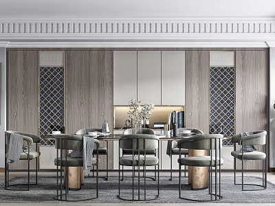 Modern Dining Table Set With Six Chairs Wooden Cabinets And Geometric Pattern Decor 3d model