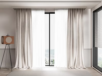 Beige Heavy Curtains With White Sheer Panels For Modern Minimalist Room Windows Floor Length 3d model