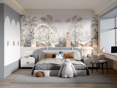 Cozy Kids Room Interior Design With Tropical Leaves Wallpaper Stuffed Rabbit Toy And Desk Chair 3d model
