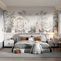 Cozy Kids Room Interior Design With Tropical Leaves Wallpaper Stuffed Rabbit Toy And Desk Chair