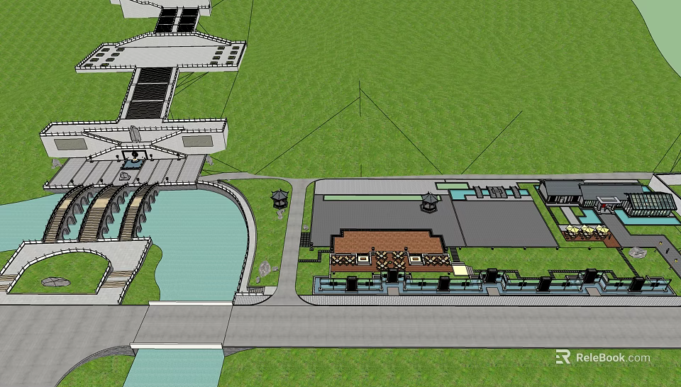 Detailed Landscape Site Plan With Water Feature Building Layout And Green Space 3d model 
