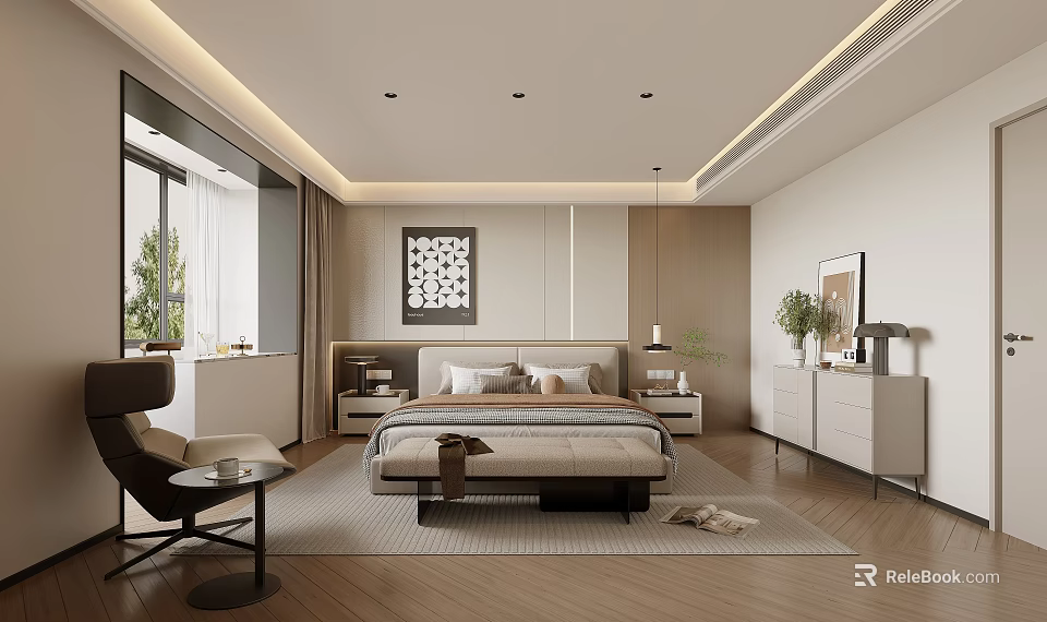 Modern Minimalist Bedroom Interior Design With Bed Nightstands Rug Armchair Decorative Painting And Window 3d model 