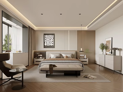 Modern Minimalist Bedroom Interior Design With Bed Nightstands Rug Armchair Decorative Painting And Window 3d model