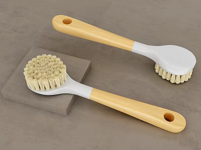 Wooden Handle Cleaning Brushes With White Beige Bristles On Gray Surface 3d model