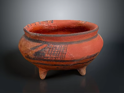 Artistic Red Three Legged Pottery Sculpture With Black Carved Decorative Patterns 3d model