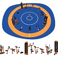 Gym Sports Equipment Arranged In Circular Blue And Yellow Display Area