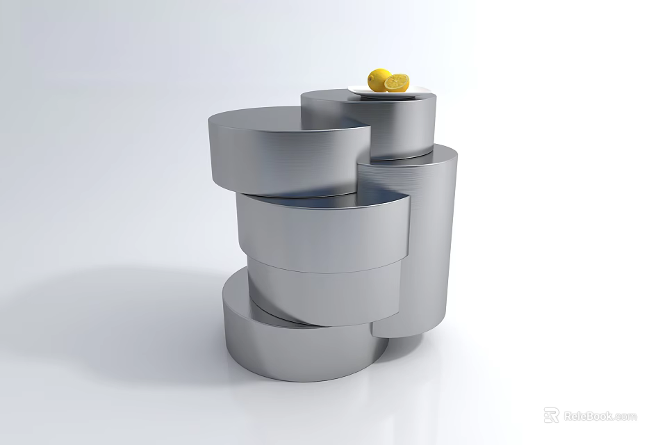 Silver Spiral Coffee Table with Stacked Rings Design and Yellow Object on Top 3d model