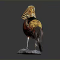 Colorful Pheasant Bird Statue Standing On Gray Stone Base With Long Tail Feathers And Dark Background
