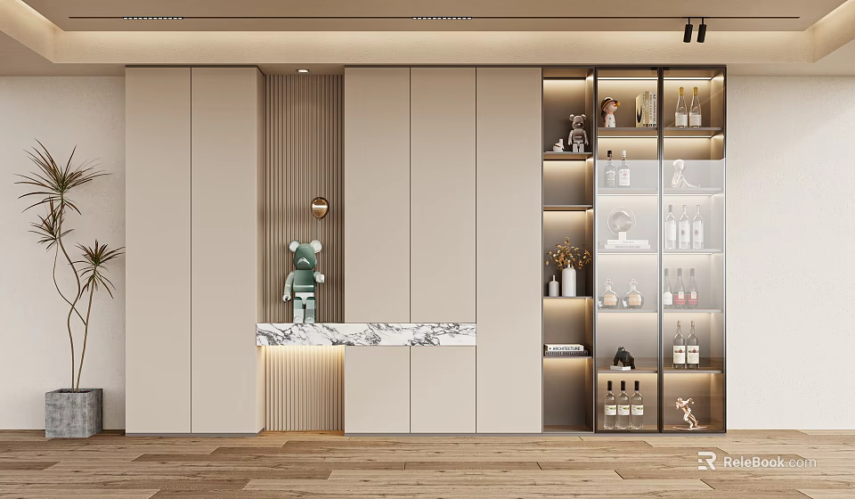 Modern Wine Cabinet Interior With Glass Door Wine Bottles And Marble Countertop 3d model 